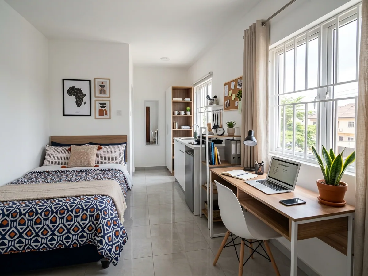 A light-filled student studio with a bed, desk, kitchenette and a large window