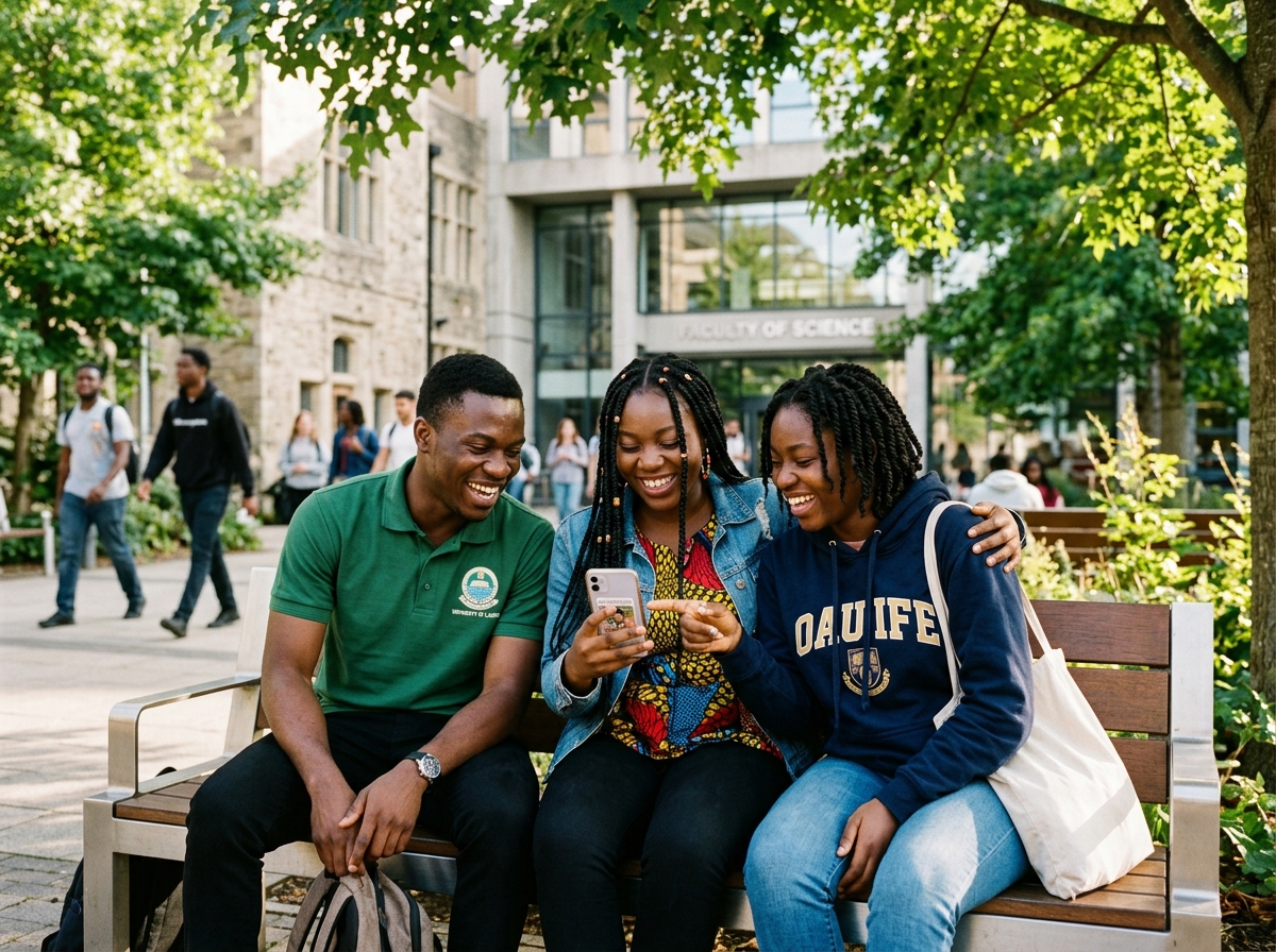 Nigerian university students smiling and collaborating together on campus